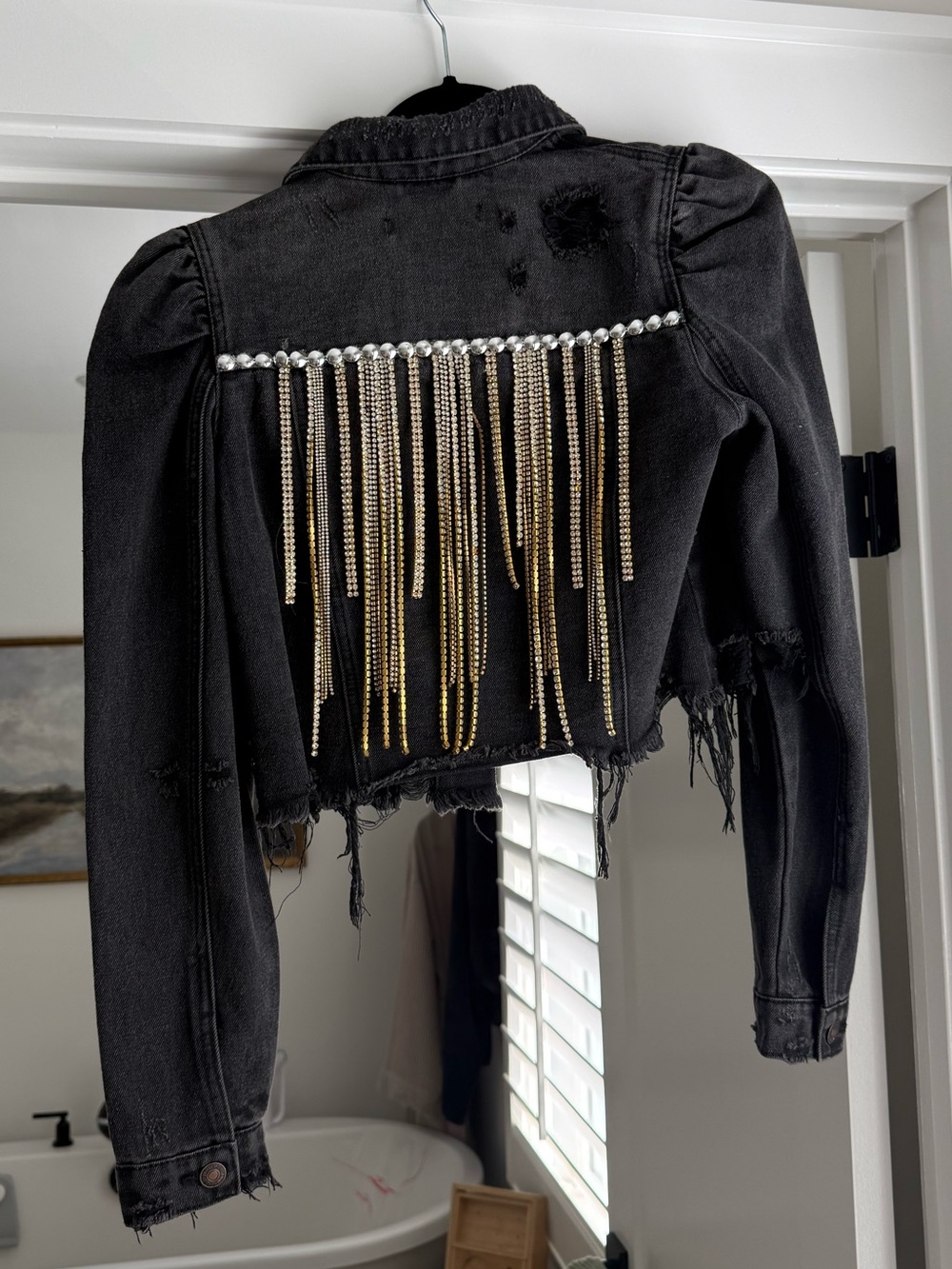 Custom Made Black Distressed Cropped Denim Jacket with Gold & Silver Fringe